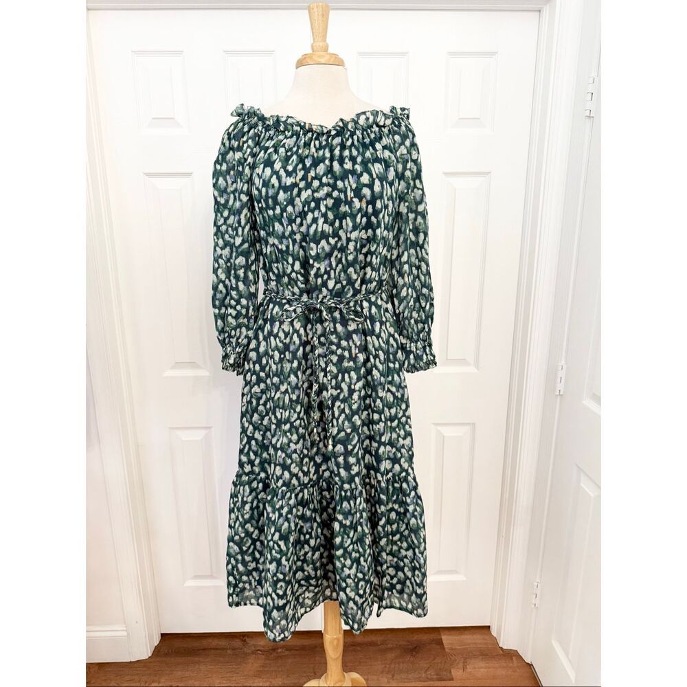 Tommy Bahama Green White Jeweled Jaguar Off The Shoulder Midi Dress Medium